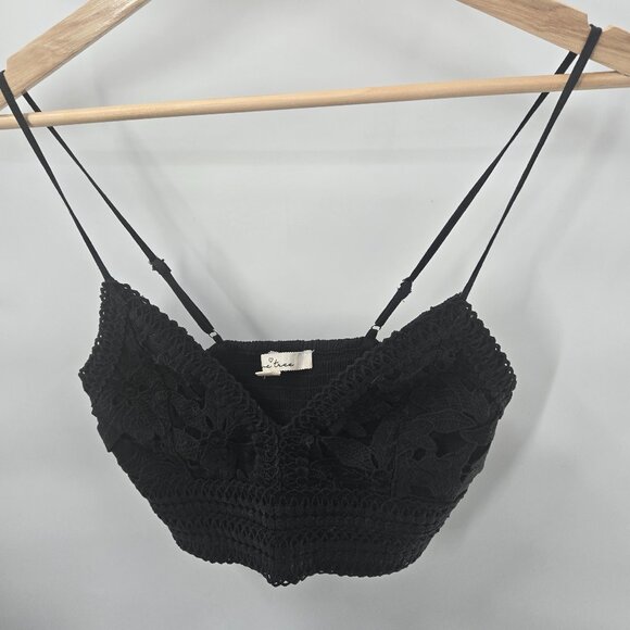 Love Tree Black Crochet Festival Cropped Back Ruched Top Medium - Picture 1 of 12